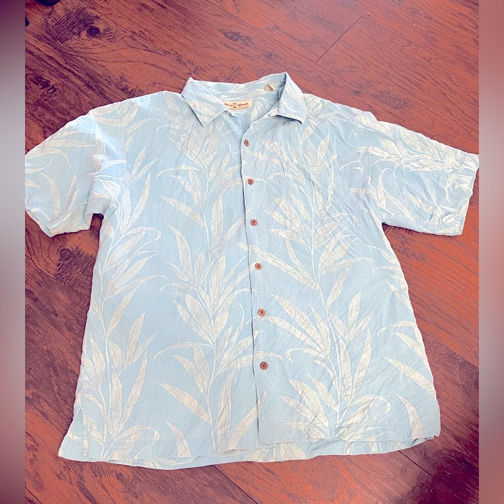 Tommy Bahama Teal Blue Palm Print 100% Silk Aloha Shirt sz Large